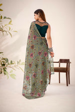 Thumbnail for Vastranavya Mehendi Lurex Brasso Floral Printed Saree with Unstitched Blouse - Distacart