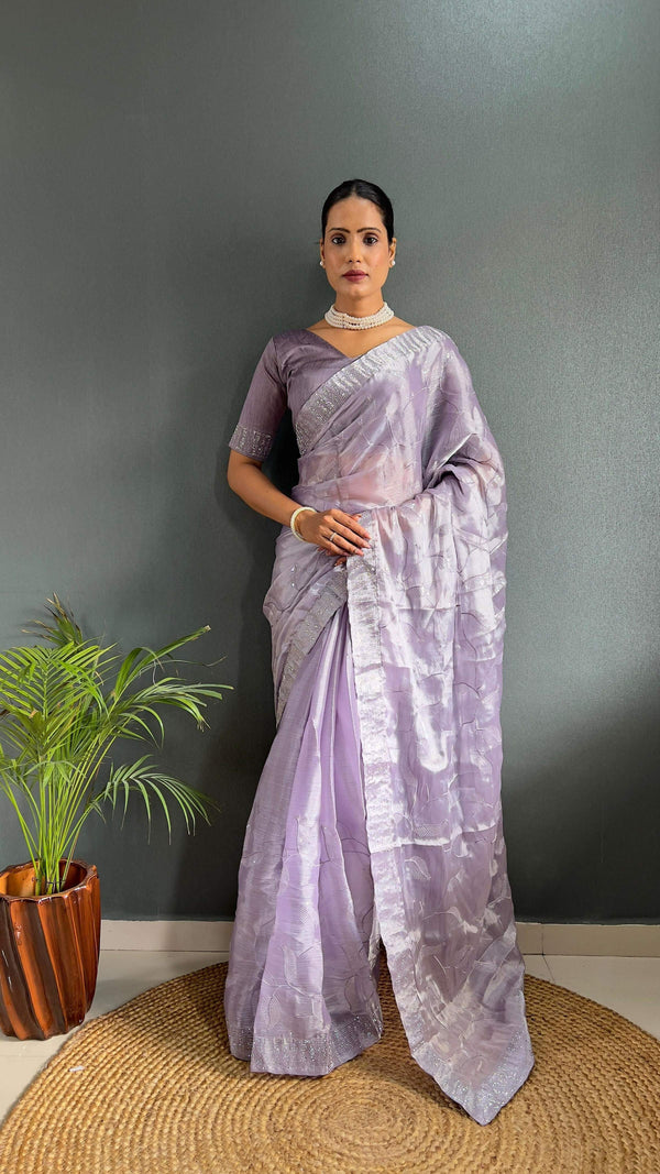 Preksha Creation Women Ready To Wear Saree Premium Burberry Silk Embellished With Beautiful Thread Work - Lavender - Distacart