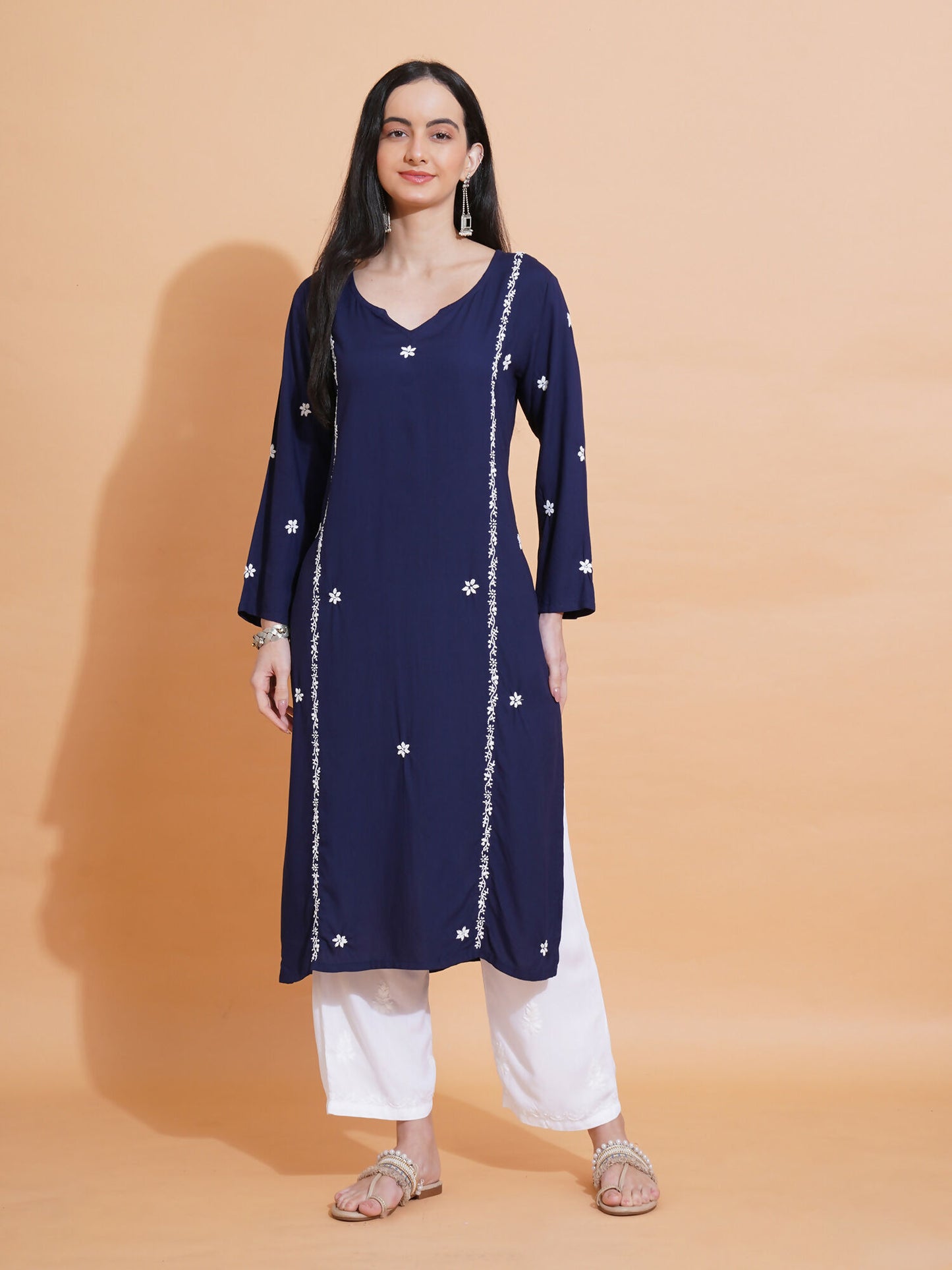Pahnaz Luxury Rayon Chikankari Long Kurti-Blue - Dista