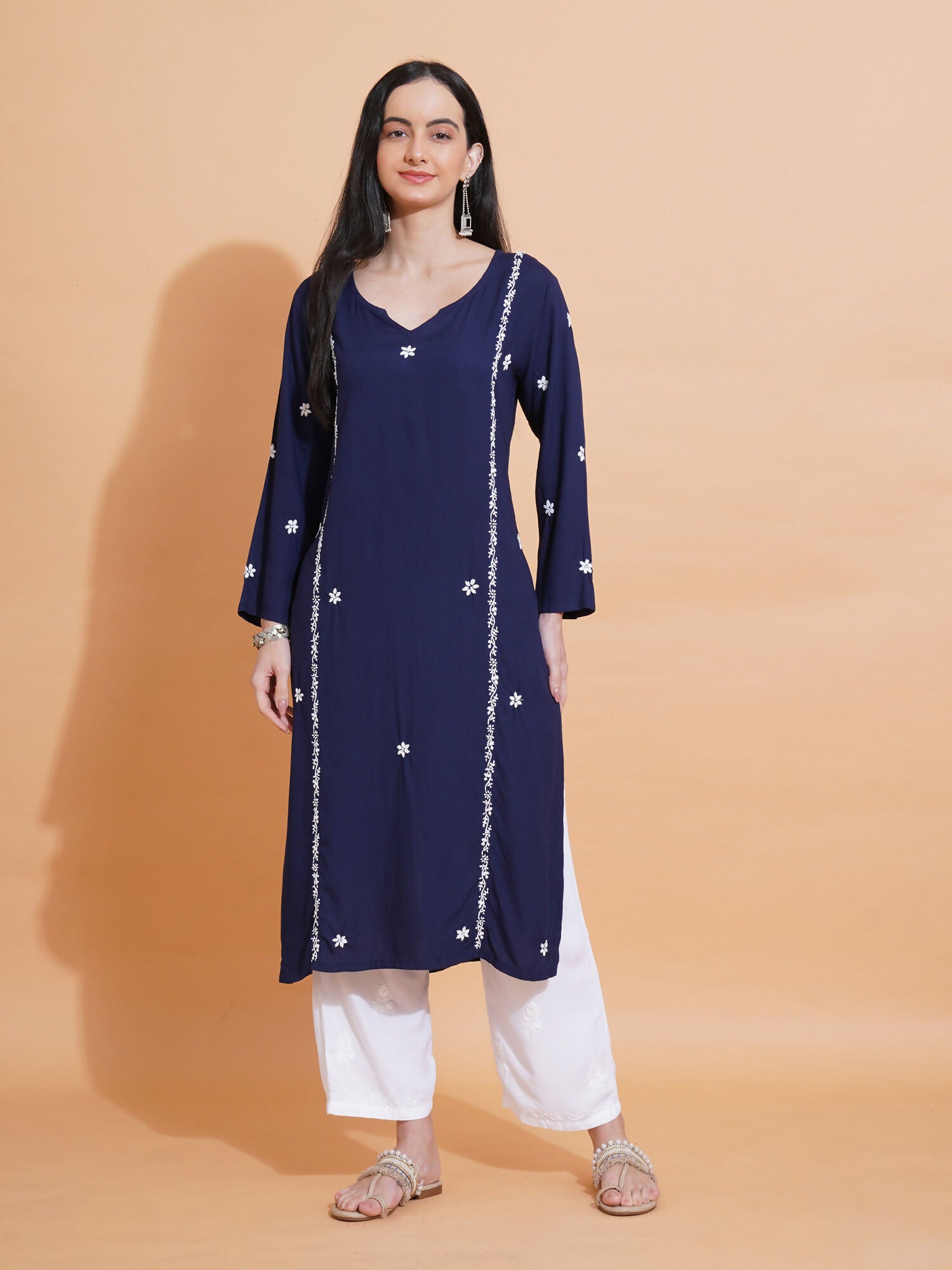 Pahnaz Luxury Rayon Chikankari Long Kurti-Blue - Dista