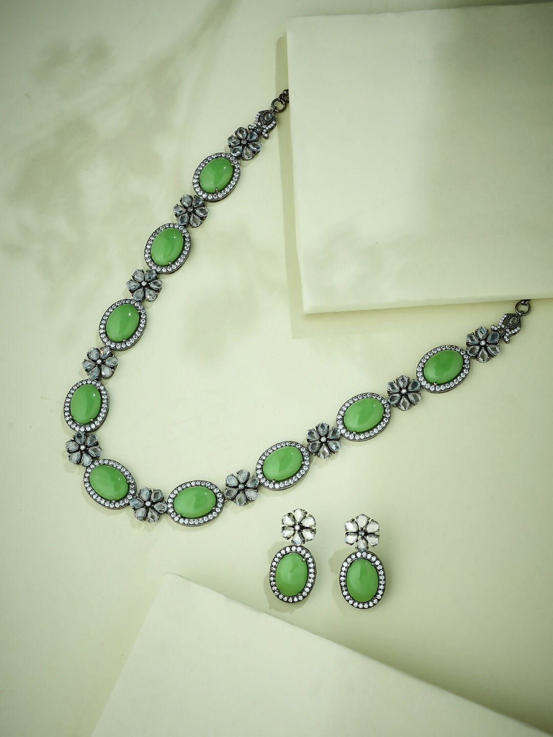 Nuyug Antique Silver Plated Crystal Studded Faux Jade Stones Embellished Necklace Set - Distacart