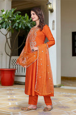 Thumbnail for The52 Women's Beautiful Vichitra Fabric Embroidery Work Flared Anarkali Pant and Dupatta Set - Distacart