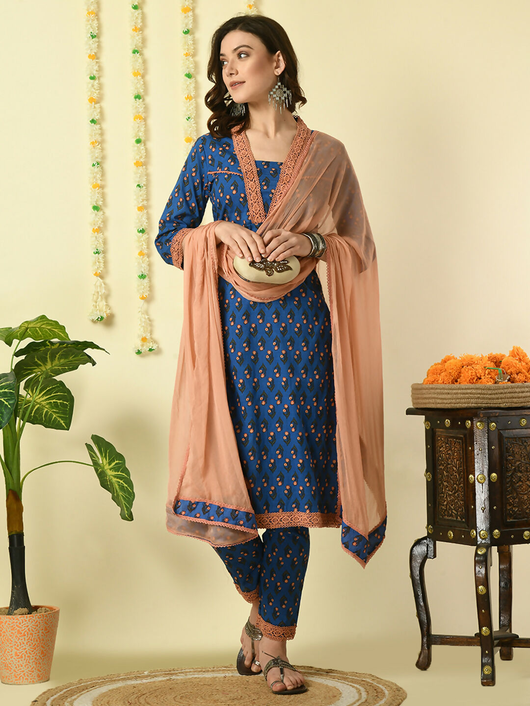 Myshka Women's Blue Pure Cotton Kurta & Trousers With Dupatta Party Sets - Distacart