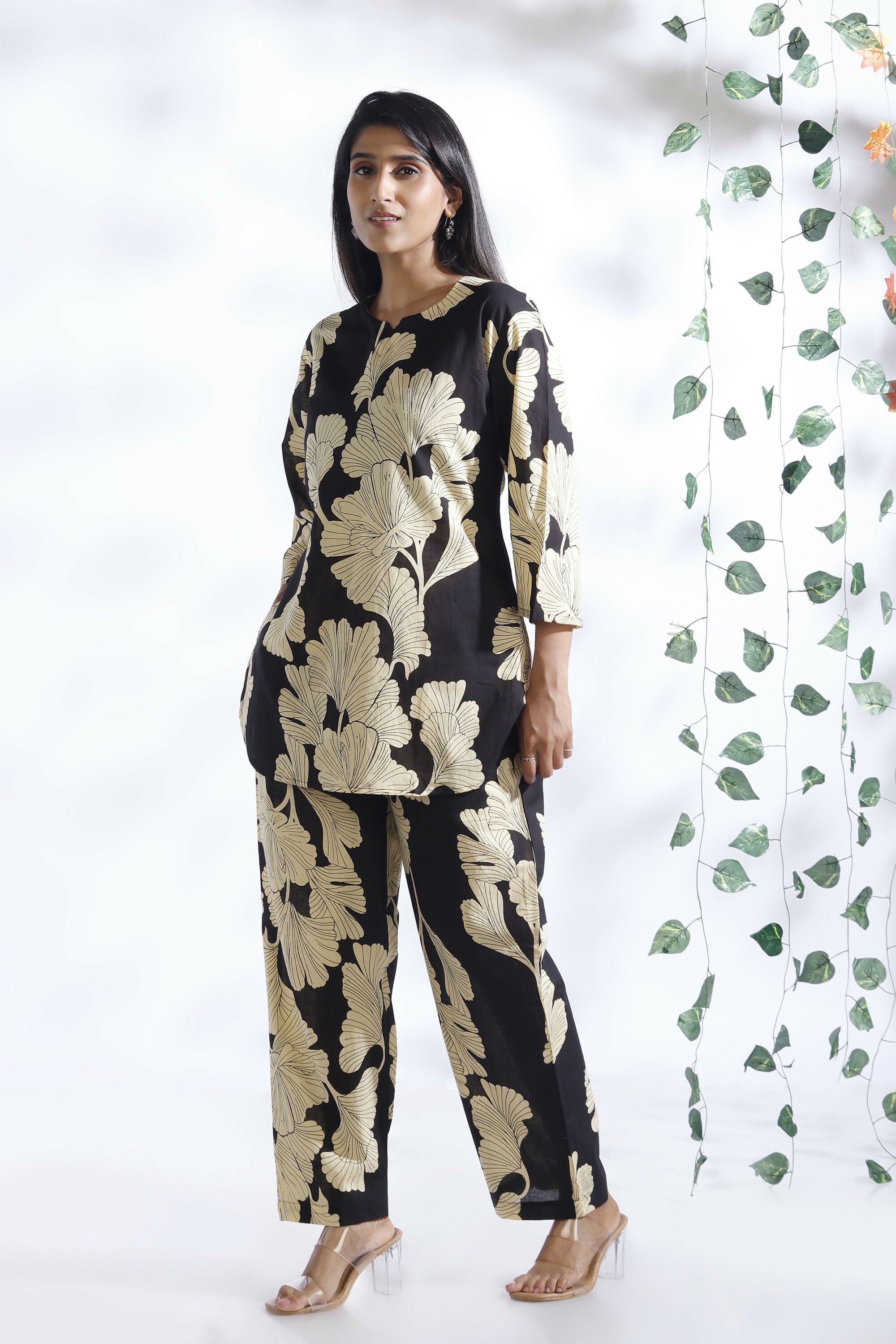 Breathables Black Floral Cotton Kurta & Pant Co-Ord Set - Dista