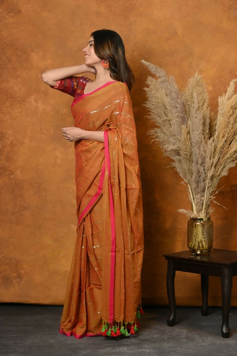 Very Much Indian Designer Mul Cotton Handloom Saree with Sequins - Orange - Distacart
