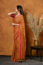 Thumbnail for Very Much Indian Designer Mul Cotton Handloom Saree with Sequins - Orange - Distacart