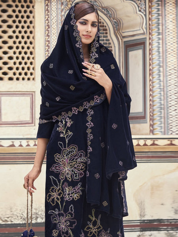 Aastha Fashion Women's Navy Blue Velvet Resham Thread with Jari & Sequin Kurta with Trouser & Dupatta - Distacart