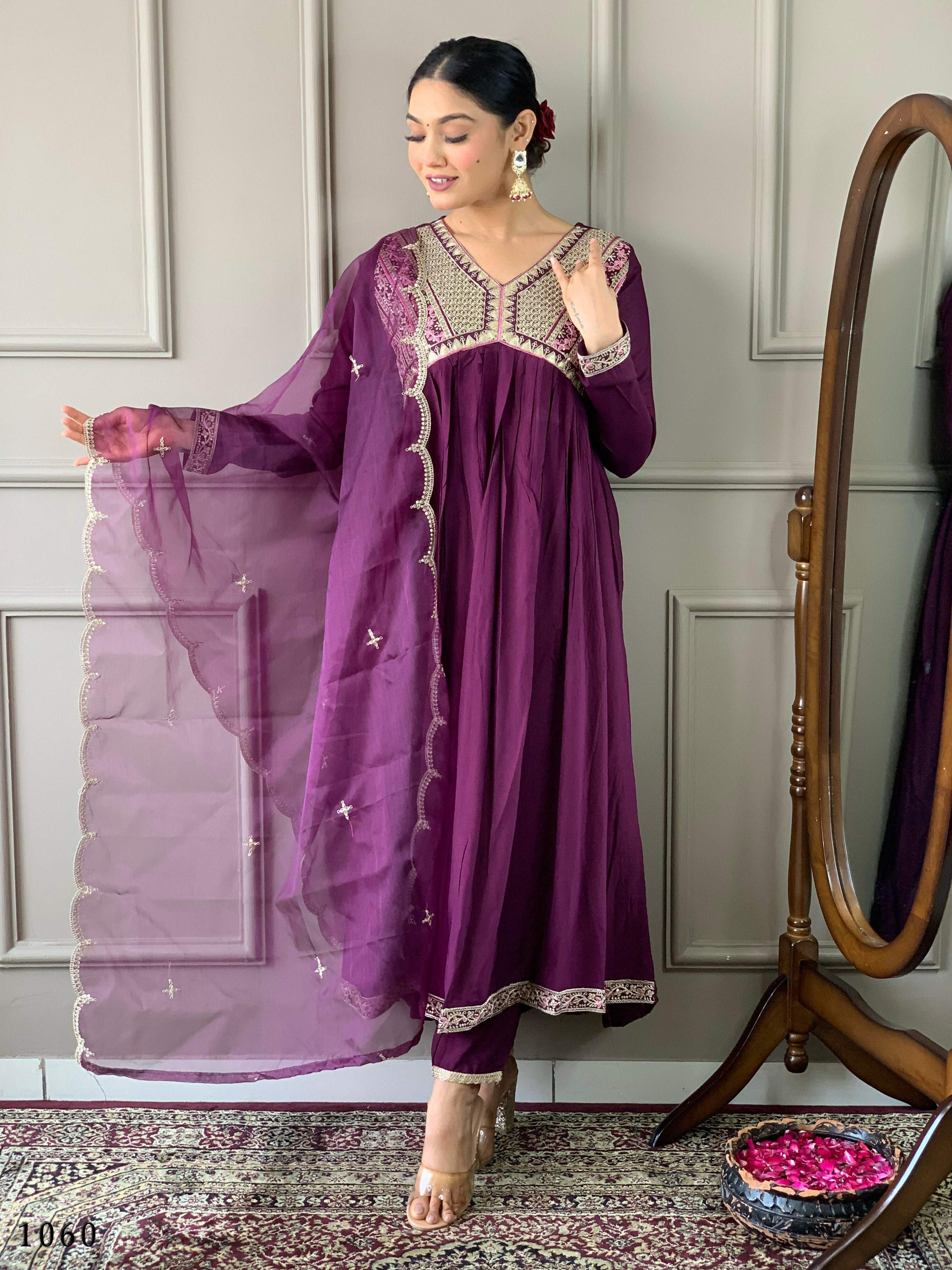 Partywear Designer Viscose Wine Stitched Suit With Dupatta - Tanisha - Distacart