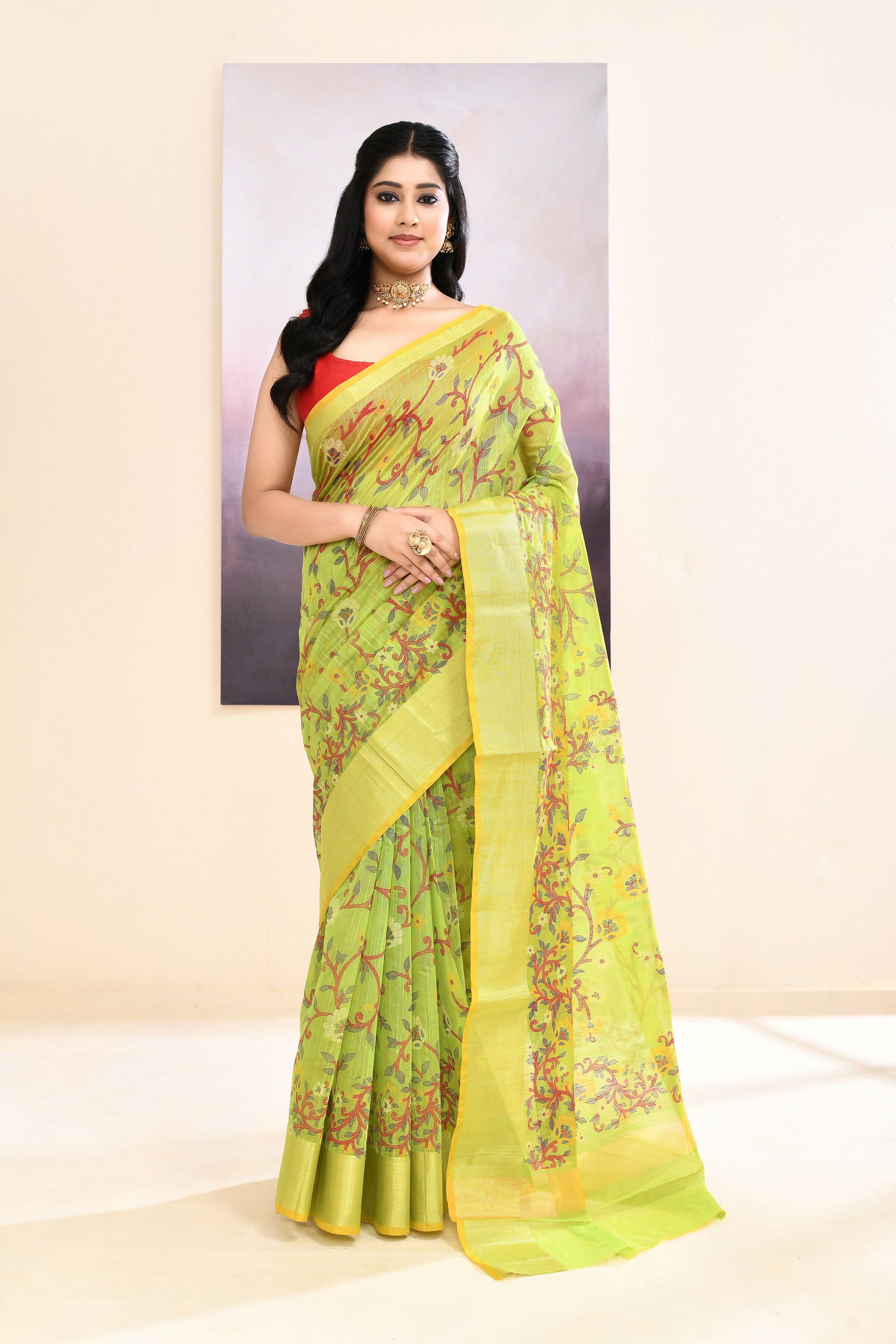 Piyari Fashion Women's Olive Embellished Cotton Blend Printed Saree - Dista