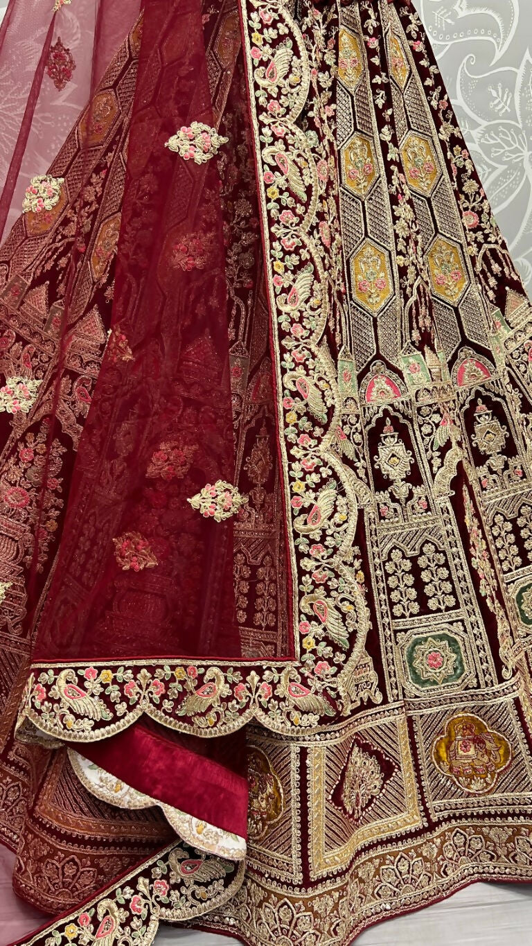Jyoti Fashion Women's Maroon Velvet Dori, Multi Thread Embroidered with Diamond Work Wedding Lehenga Choli - Distacart