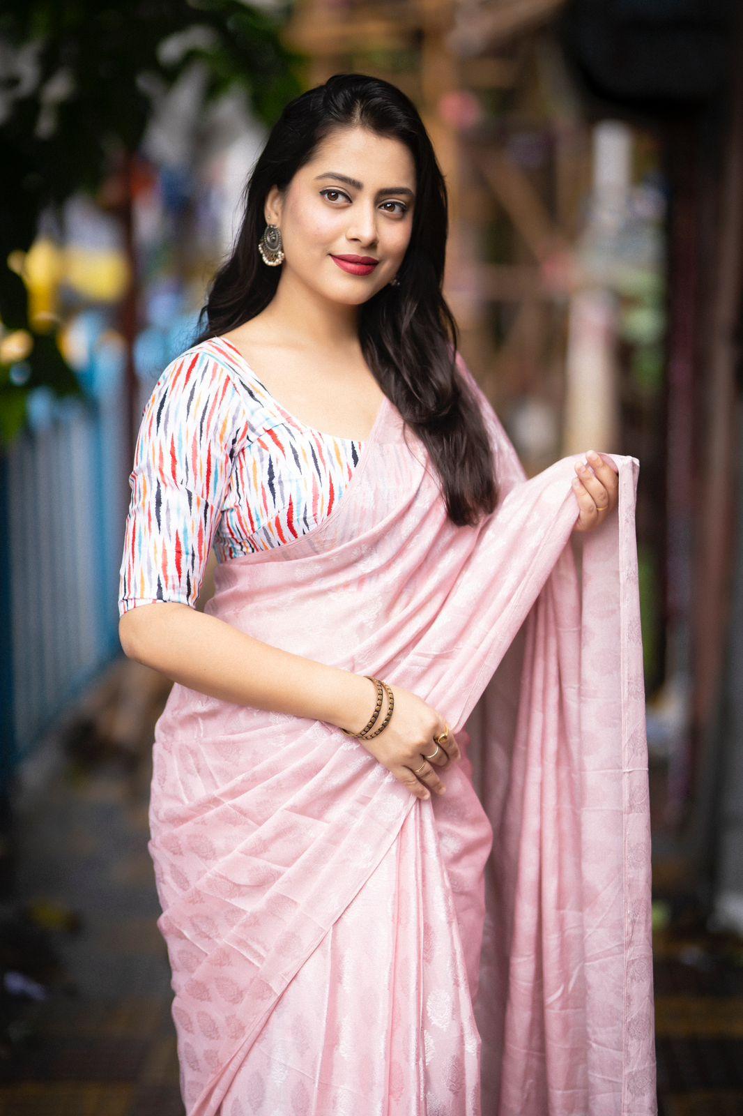 Pink Poly Crepe Ethnic Motifs Saree with Unstitched Blouse - Hiral Fashion - Distacart