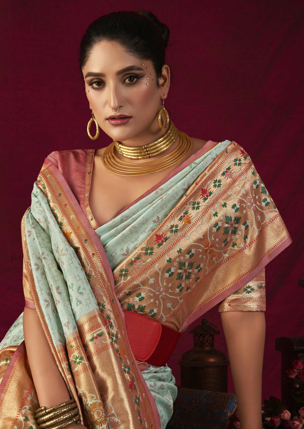 Vishnu Weaves Women's Sea-Green Paithani Silk Saree with Blouse - Distacart