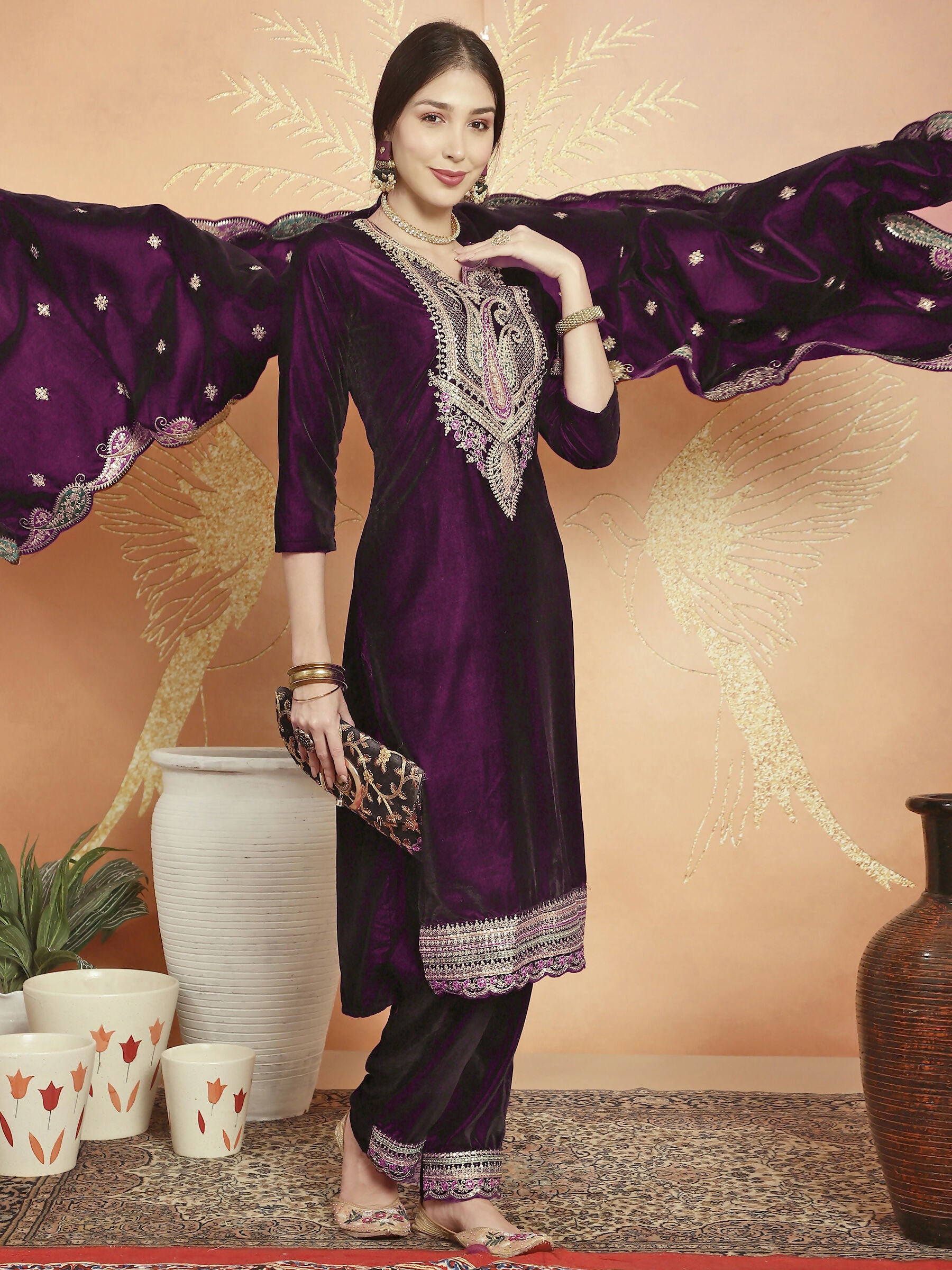 Jyoti Fashion Women's Wine Velvet Cording with Resham Thread & Sequin Kurta with Trouser & Dupatta - Distacart