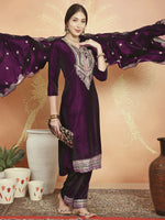 Thumbnail for Jyoti Fashion Women's Wine Velvet Cording with Resham Thread & Sequin Kurta with Trouser & Dupatta - Distacart