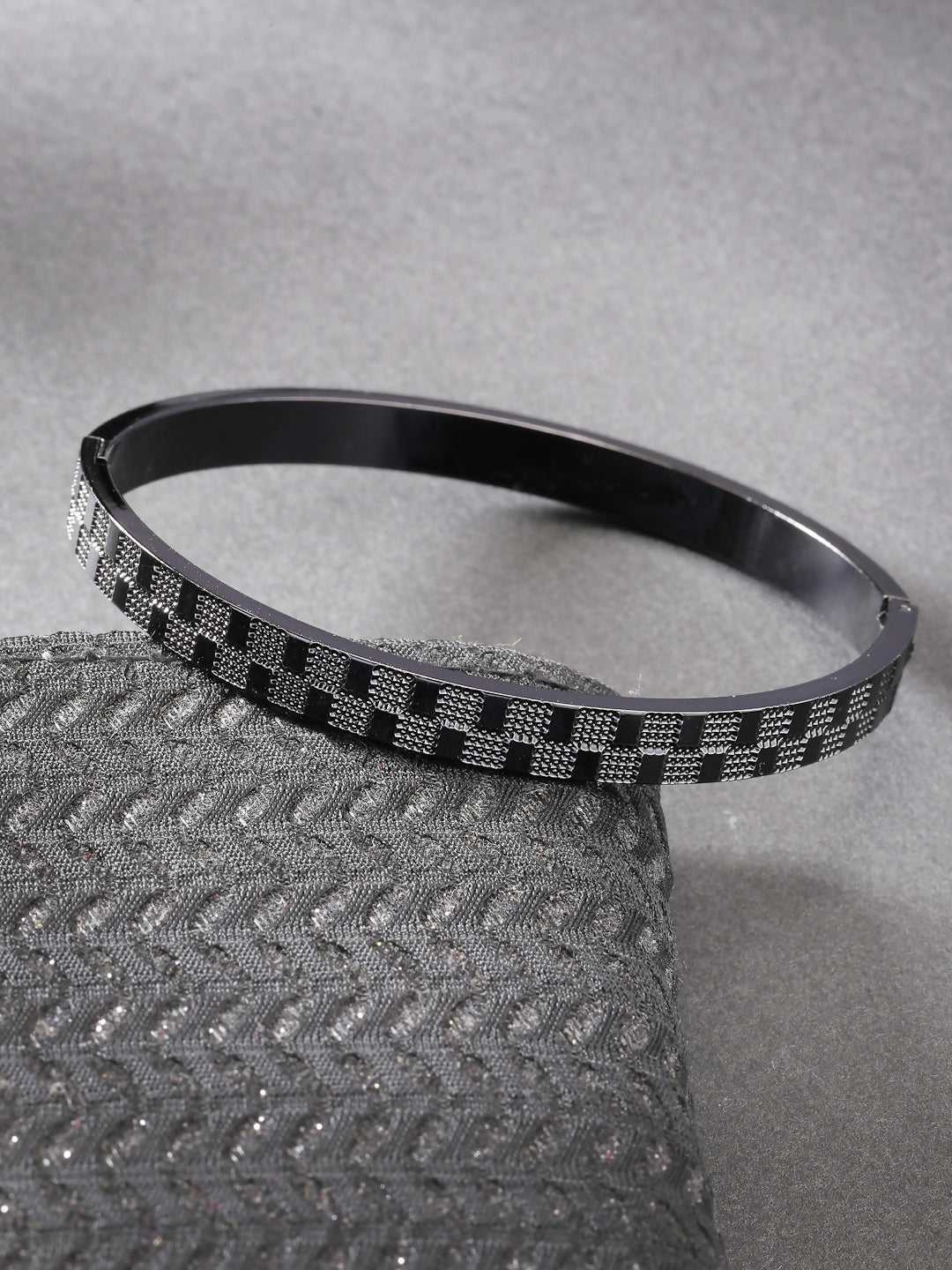 NVR Men's Black Rhodium-Plated Stainless Steel Kada Bracelet - Distacart