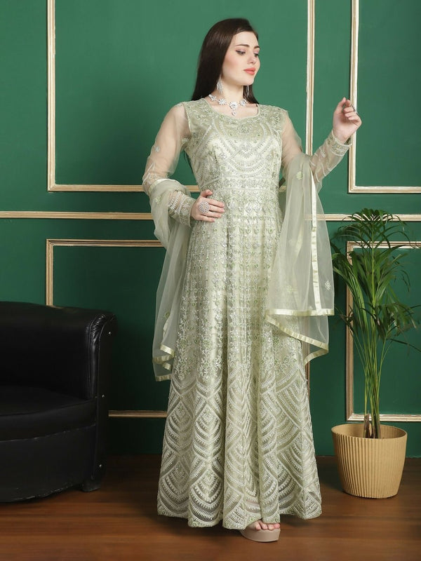 Aastha Fashion Women's Pista Green Net Floral Resham Thread with Cording & Crystal work Anarkali Dress Set - Distacart