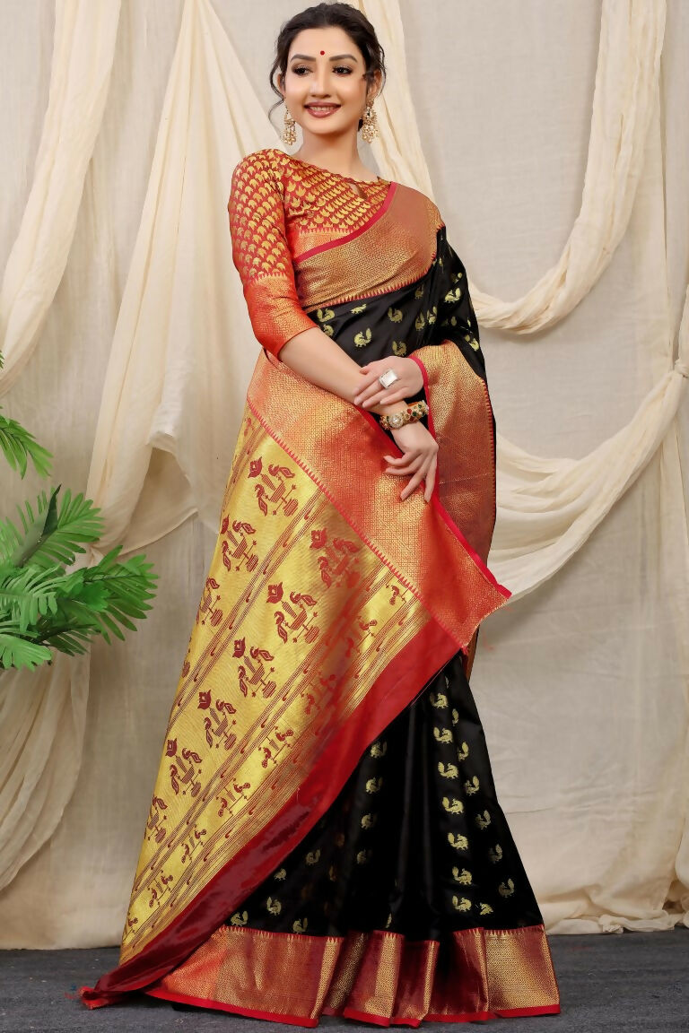 Jyoti Fashion Women's Black Banarasi Silk Zari Woven Saree with Blouse - Distacart