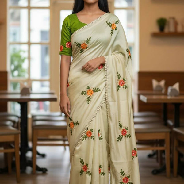 Teeya Creation Cream Rangoli Silk Embroidery Work Party Wear Designer Saree - Distacart