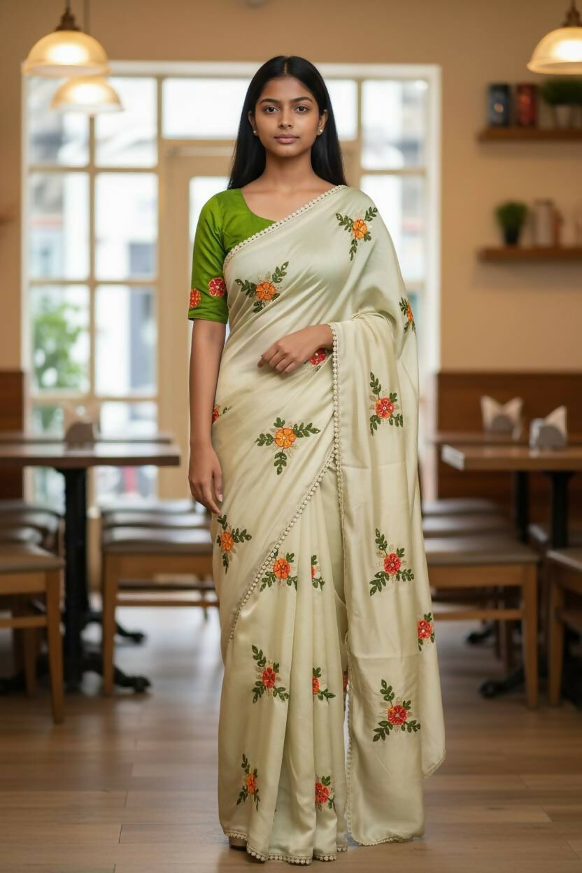 Teeya Creation Cream Rangoli Silk Embroidery Work Party Wear Designer Saree - Distacart