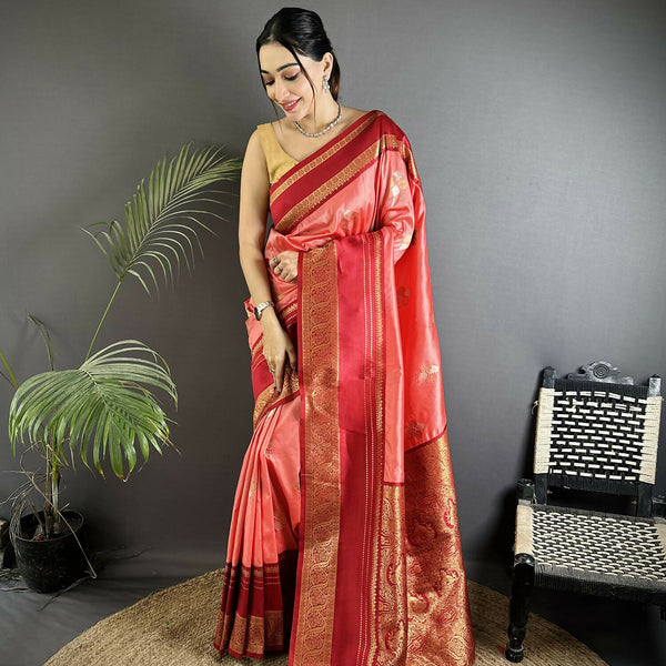 Joban Fashion Salmon Pink Banarasi Soft Silk Woven Saree - Distacart