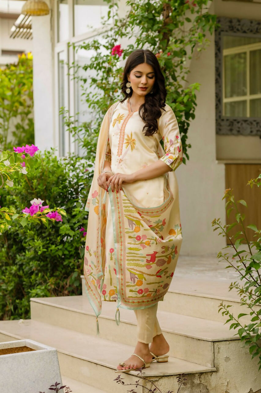Preksha Creation Off-White Viscose Assam Silk Embroidered Beads Kurta Set With Dupatta And Pant