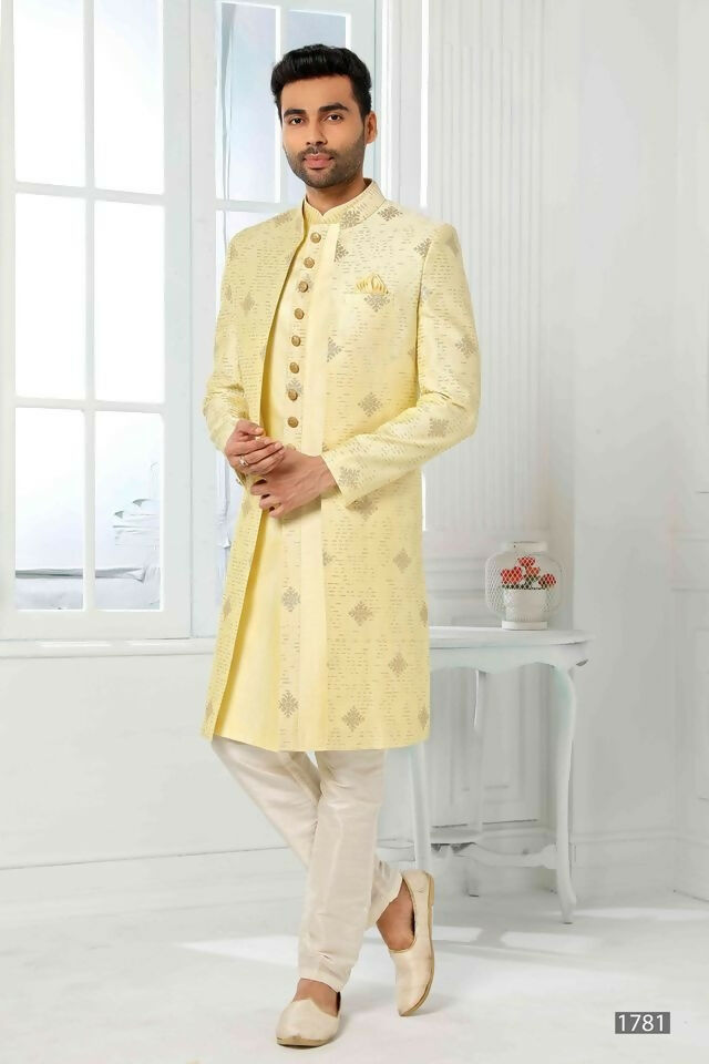 Raivat Ethnic Art Silk Embroidery Work 3 Pcs Indo Jacket Set In Yellow Colour