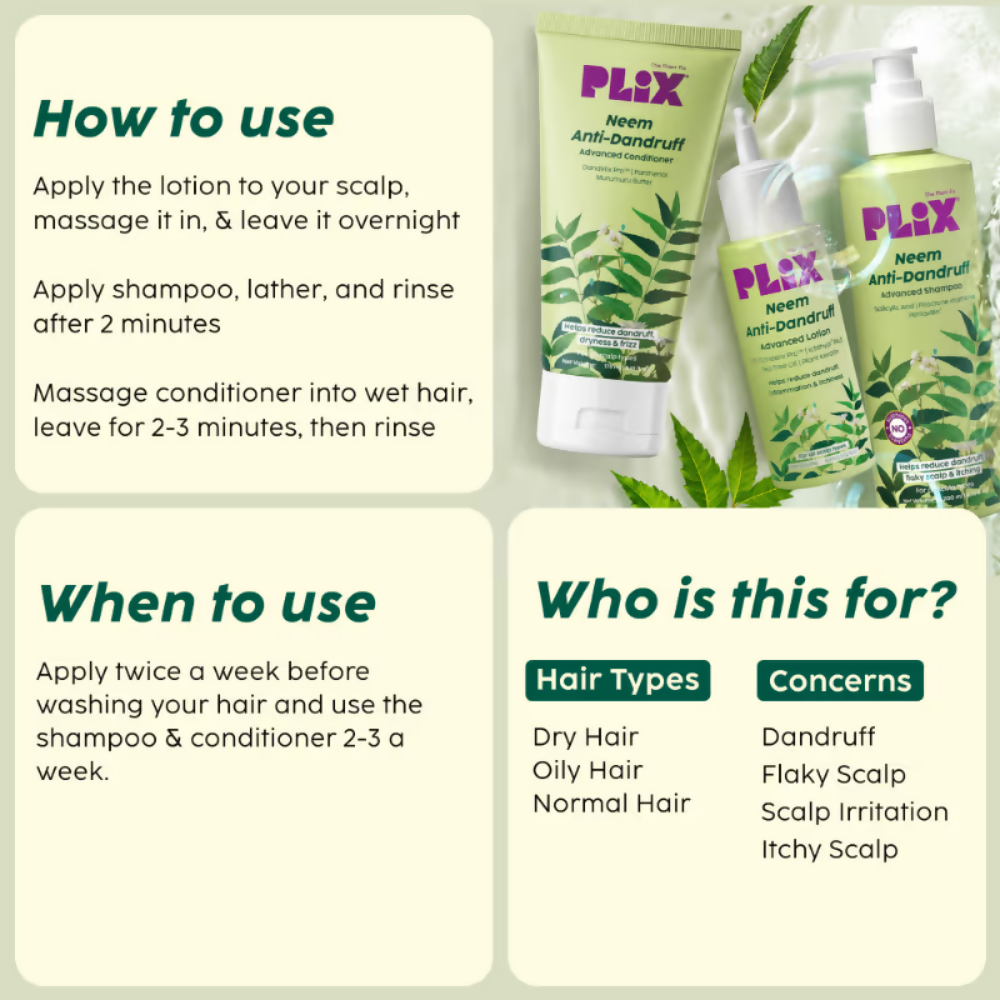 PLIX The Plant Fix Neem Anti-Dandruff Advanced Combo - Shampoo, Conditioner & Lotion - Distacart