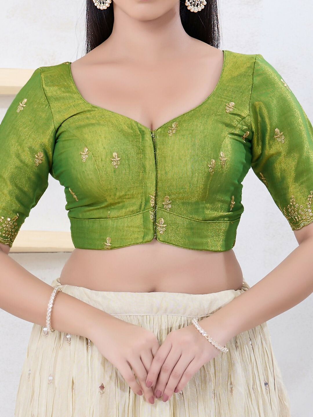 Joban Fashion Green Shimmer Elbow Sleeveless Front Open Blouse