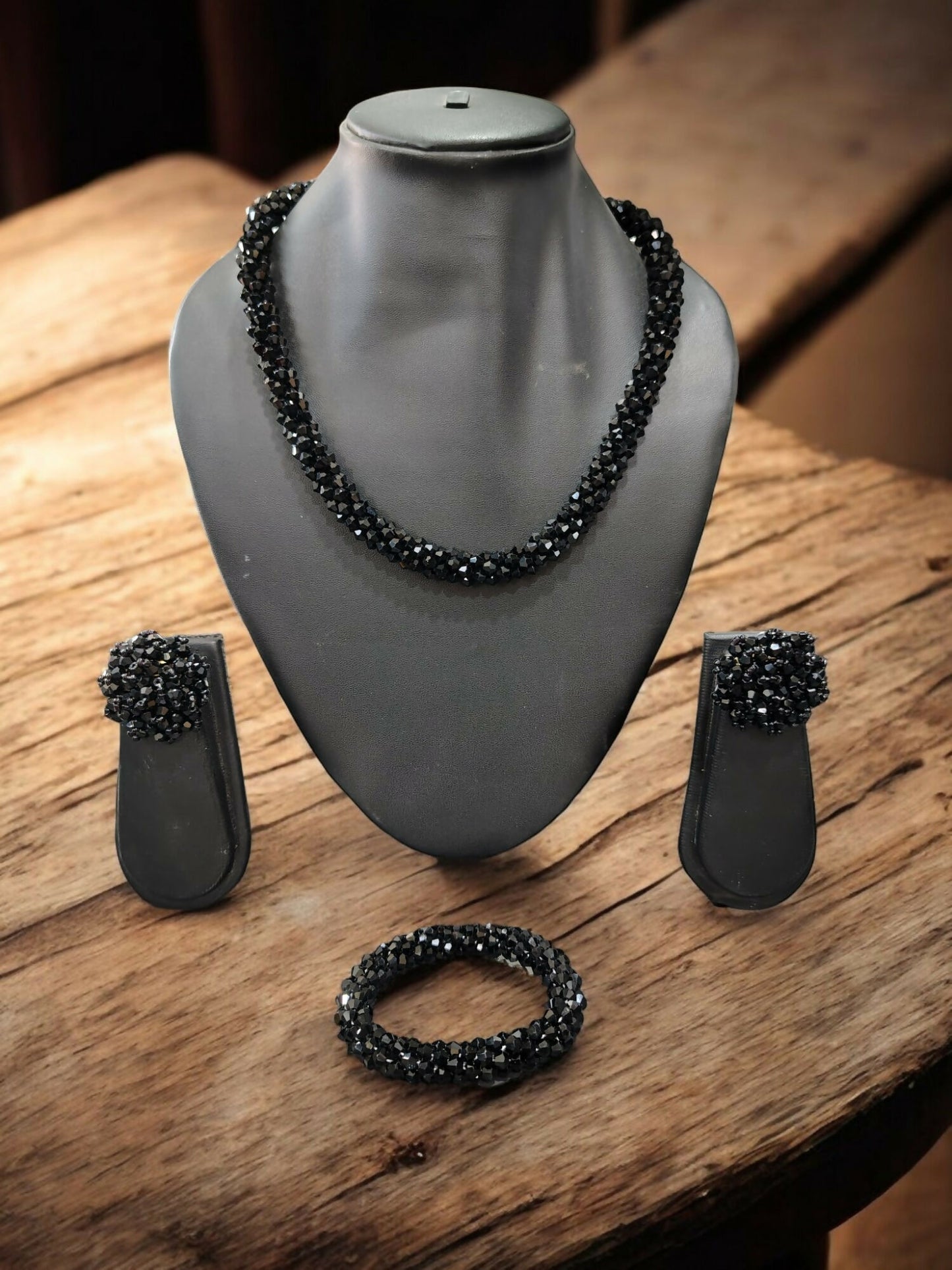Inhanns Complete Look Crystal Statement 3-Piece Set (Adjustable Necklace + Earrings + Adjustable Bangle ) - Black - Distacart
