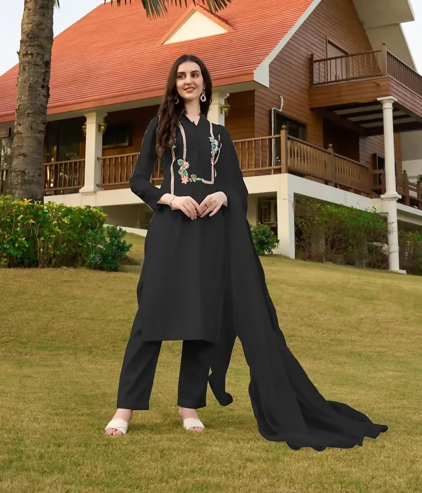 Nikhaar Black Embroidered Art Silk Straight Cut Readymade Pakistani Suit