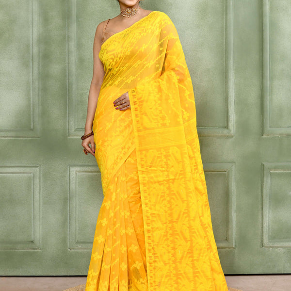 Piyari Fashion Women's Yellow Embellished Cotton Blend Jamdani Saree - Distacart