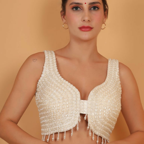 Joban Fashion Silk Pearl And Beads Hand Embroidery Padded Blouse - White