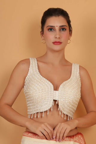 Joban Fashion Silk Pearl And Beads Hand Embroidery Padded Blouse - White