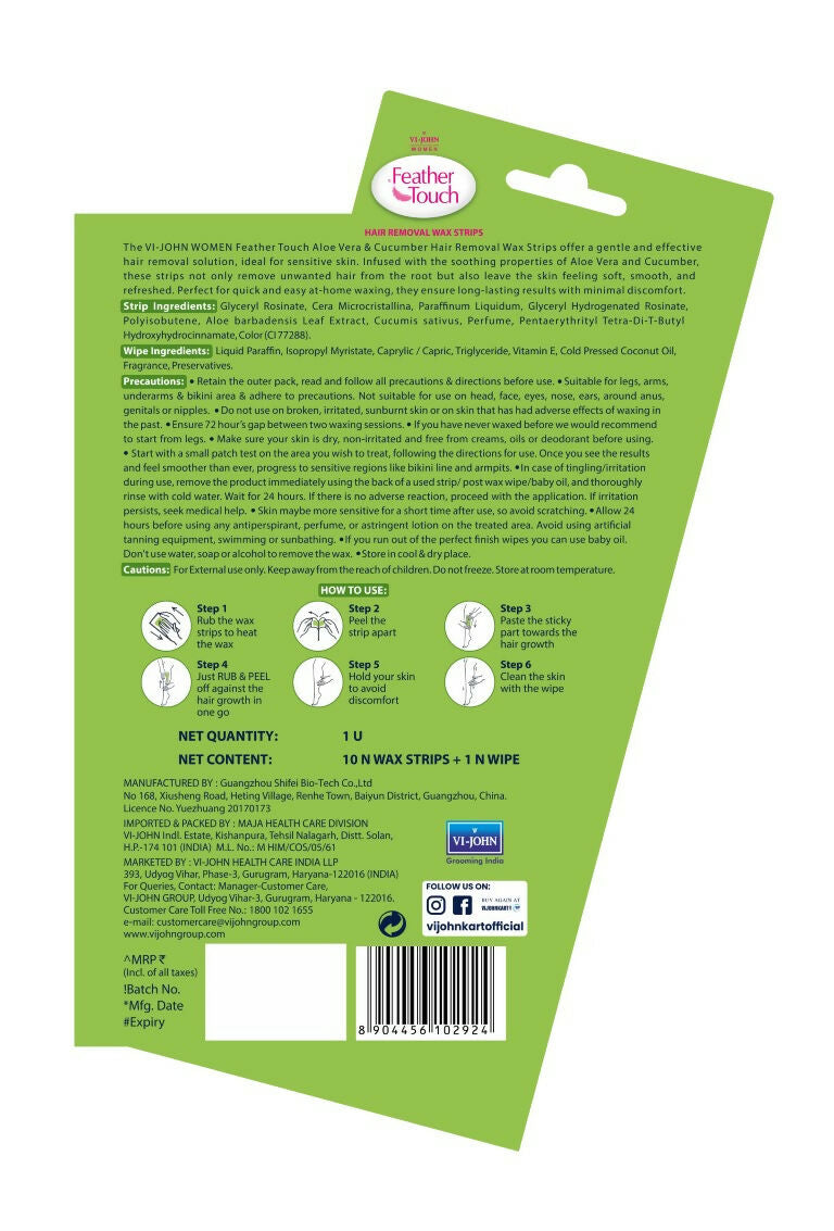 VI-JOHN Feather Touch Cucumber & Alevera Hair Removal Wax Strips for Dry Skin Praraben & Sulphate Free