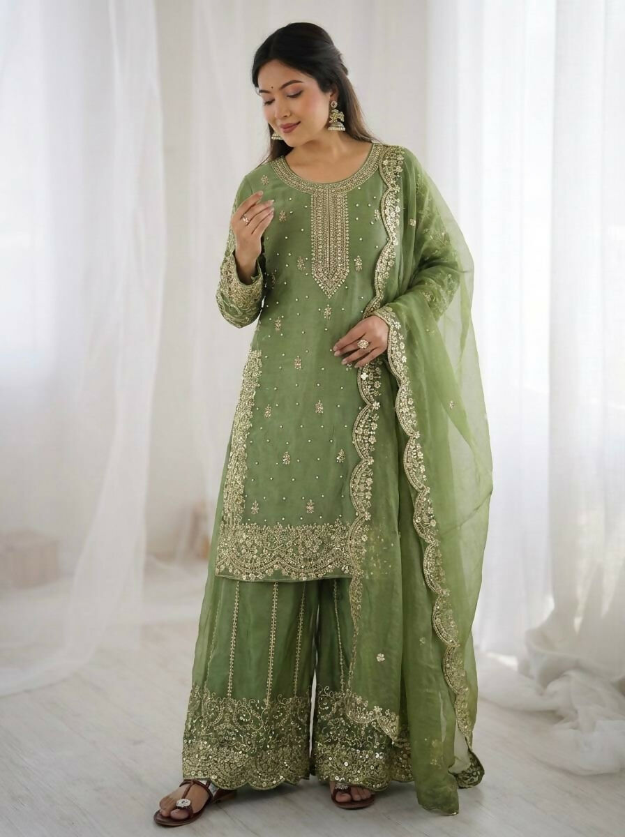Teeya Creation Parrot Green Color Fendy Silk Embroidery Work Wedding Wear Salwar Suit - Distacart
