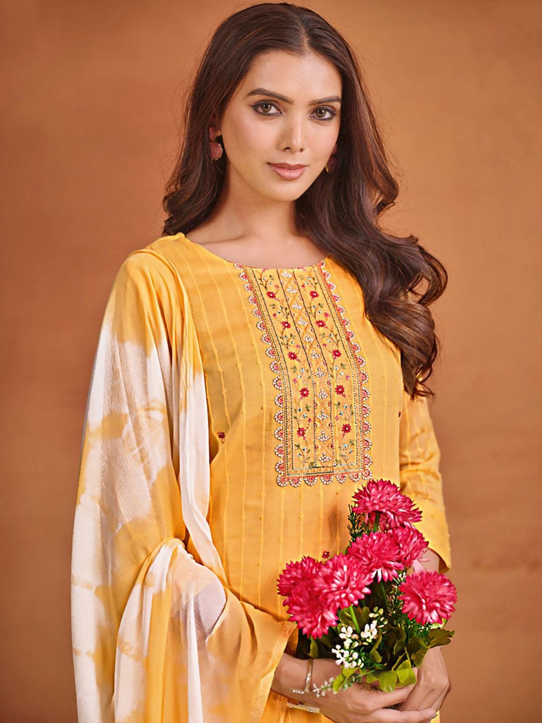 Sangria Ethnic Motifs Embroidered Thread Work Chanderi Silk Kurta with Trousers & Dupatta - Distacart