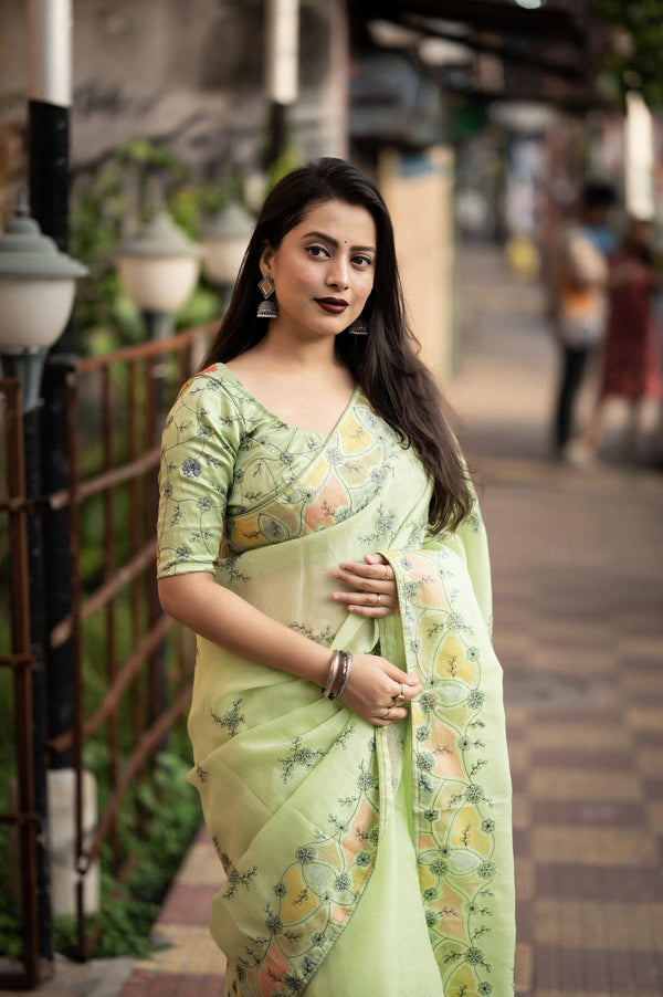 Green Pure Linen Ethnic Motifs Saree with Unstitched Blouse - Hiral Fashion - Distacart