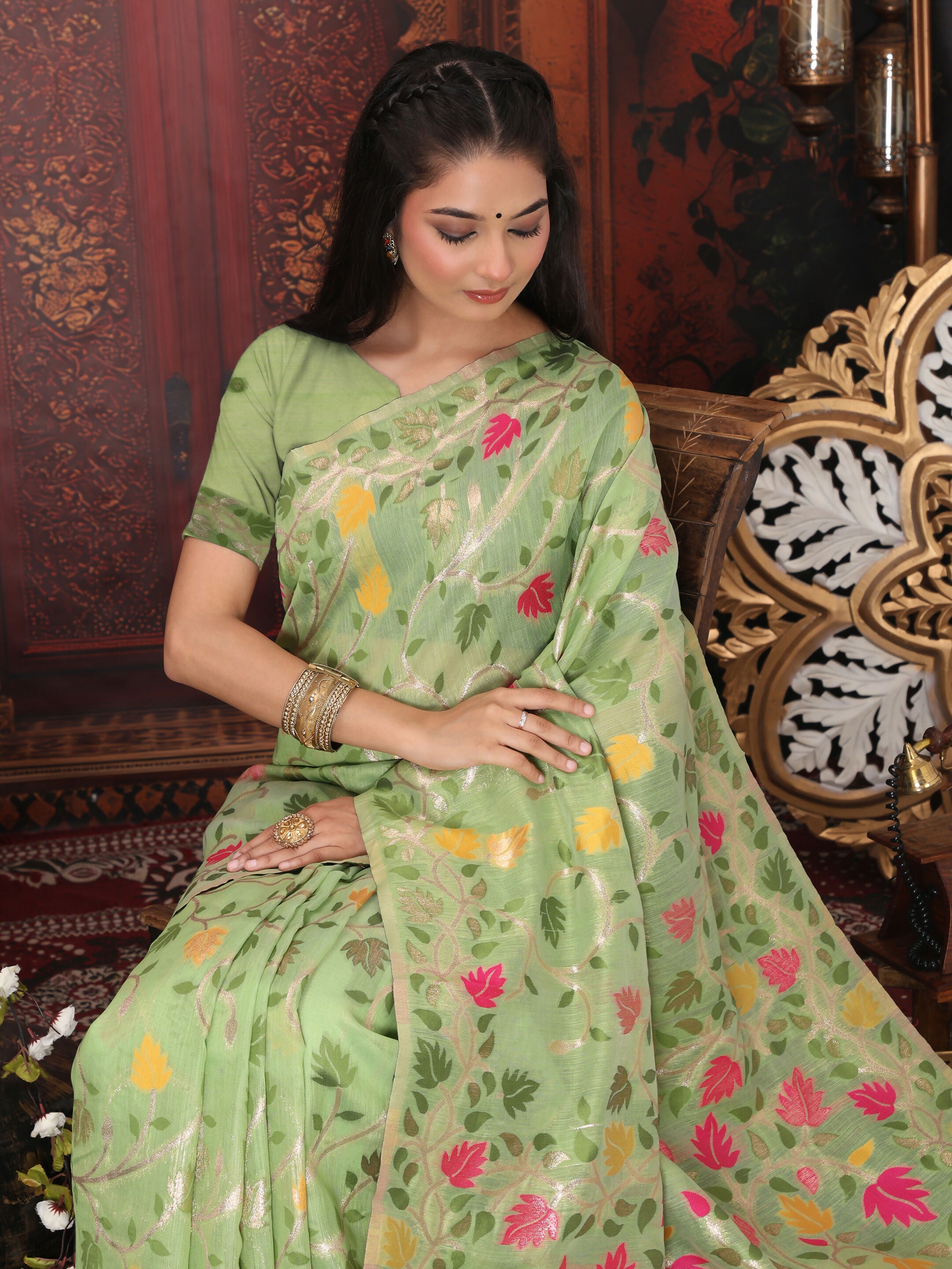 Astita Linen Cotton Green Saree