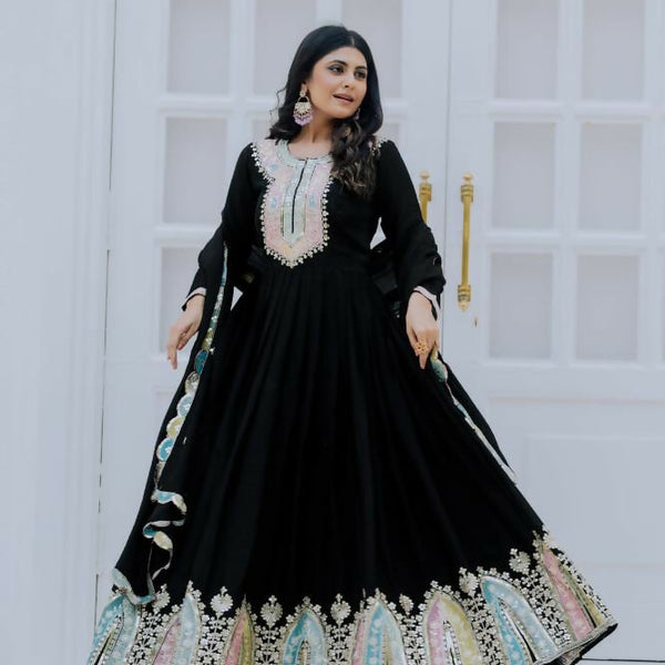 Joban Fashion Black Chinnon Silk Sequence Embroidery Work Readymade Kurta Set