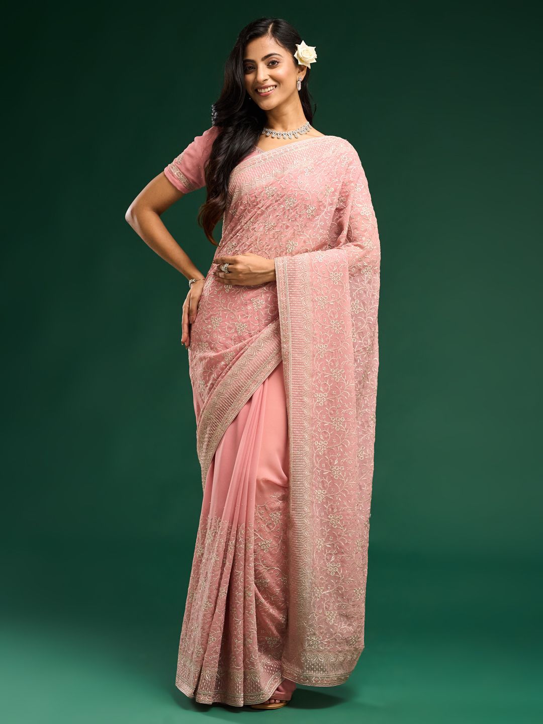 kasee Floral Embroidered Pure Georgette Saree - Distacart