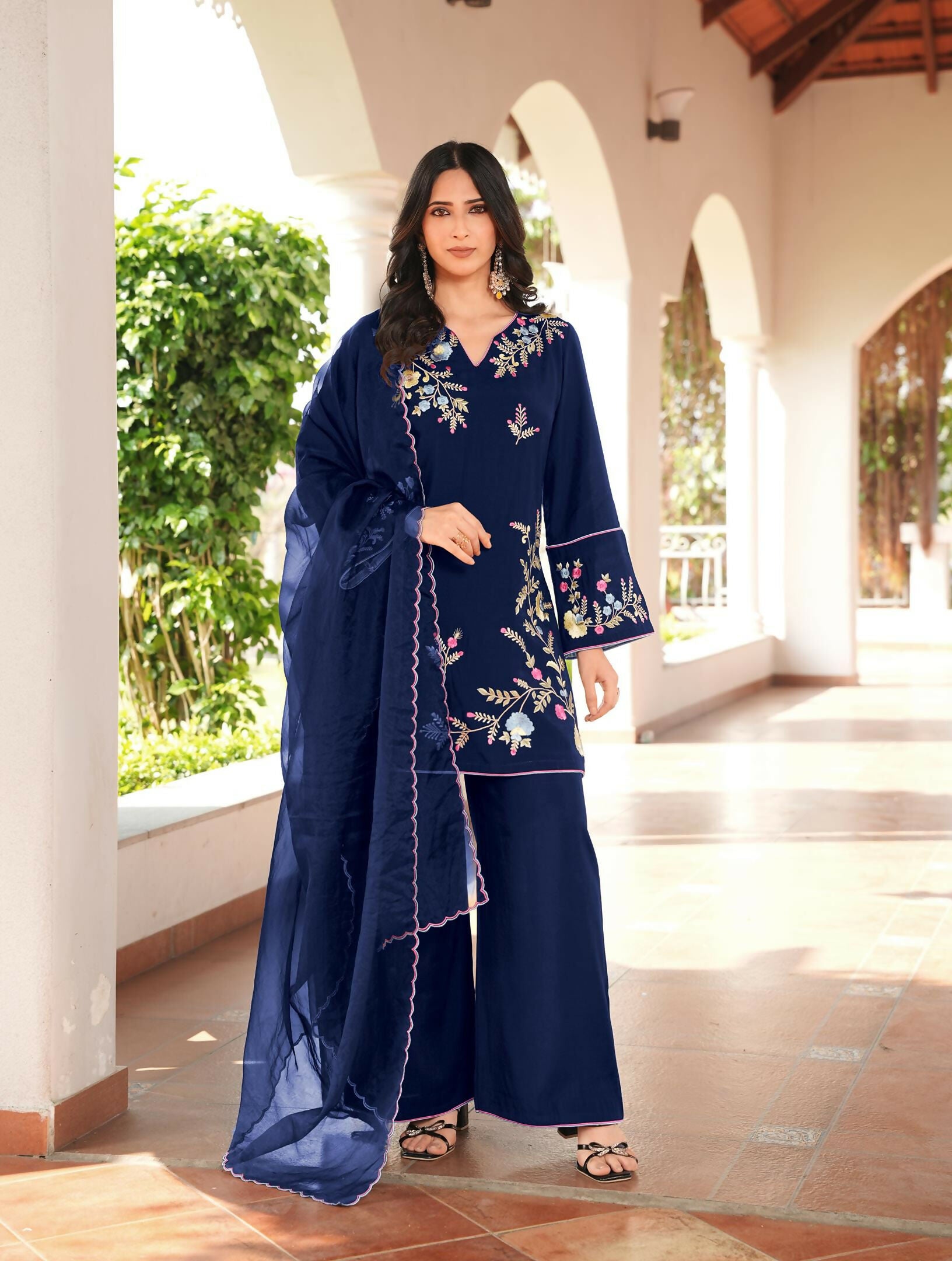 Nikhaar Navy Blue Embroidered Art Silk Stitched Straight Cut Kurta Culottes Dupatta Readymade Suit - Dista