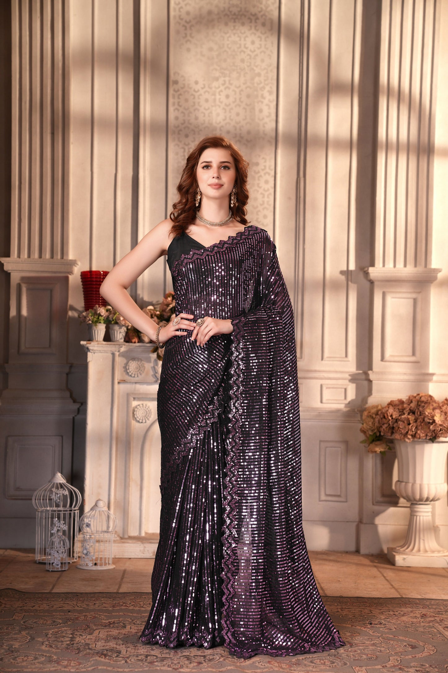 Dishitha Creation Indian Women's Designer Georgette Sequence Saree - Purple - Distacart