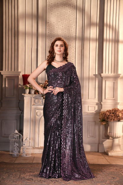 Dishitha Creation Indian Women's Designer Georgette Sequence Saree - Purple - Distacart