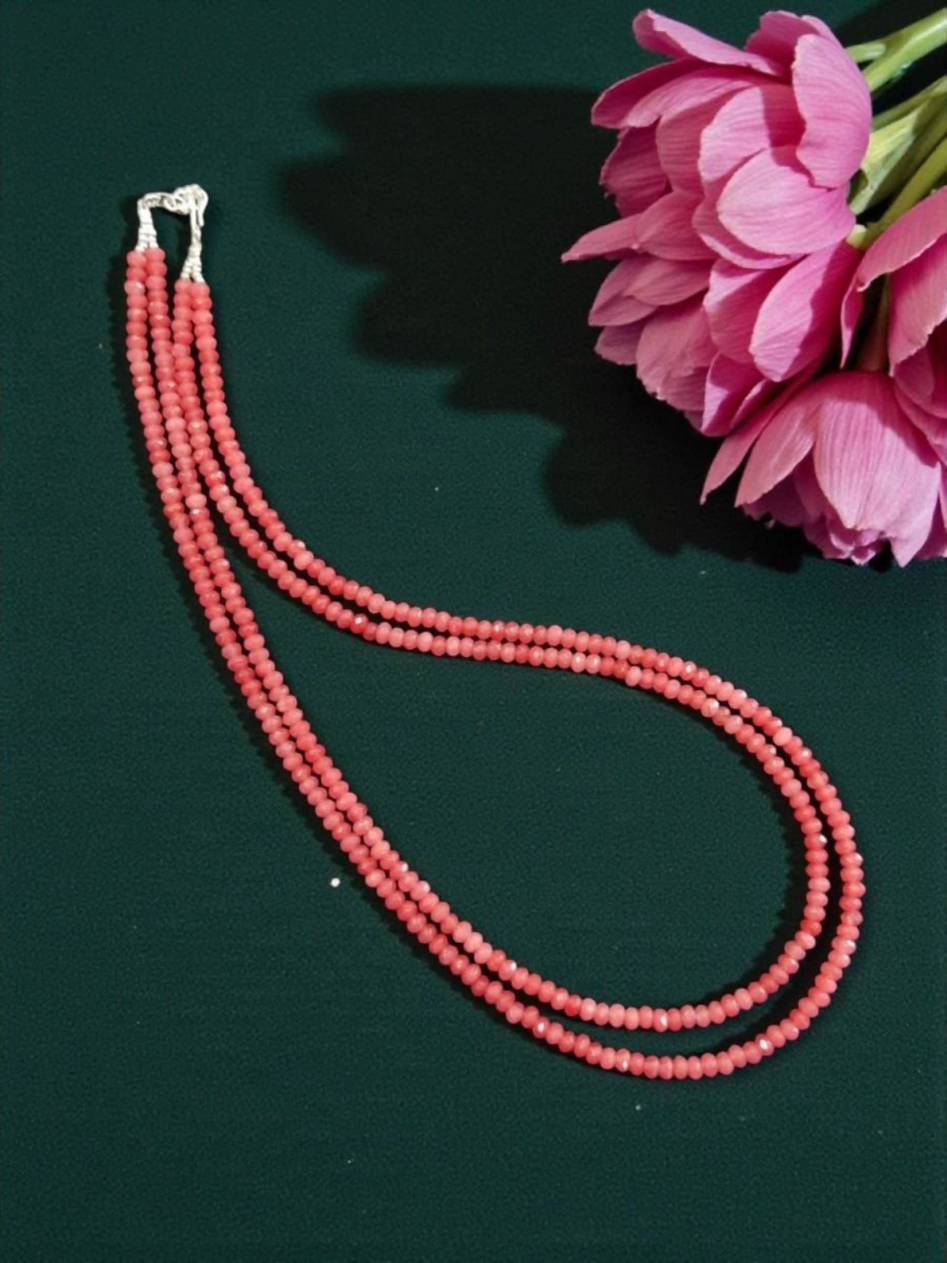 Joban Fashion Women Peach 2 Layer Agate Necklace, Silver Finish