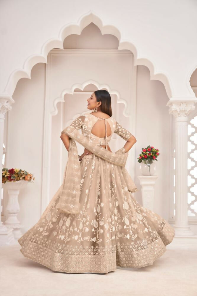 Aastha Fashion Dusty Chiku Butterfly Net White Cotton Thread Work, Zari Work And Sandwich Sequence Work Embroidery Wedding Wear Lehenga Choli - Distacart