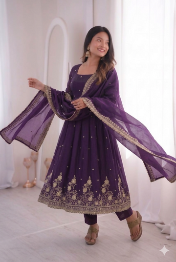 Teeya Creation Womens New Latest Trendy Elegant Dark Blue Embroidered Anarkali Suit Set with Scalloped Dupatta - Dista