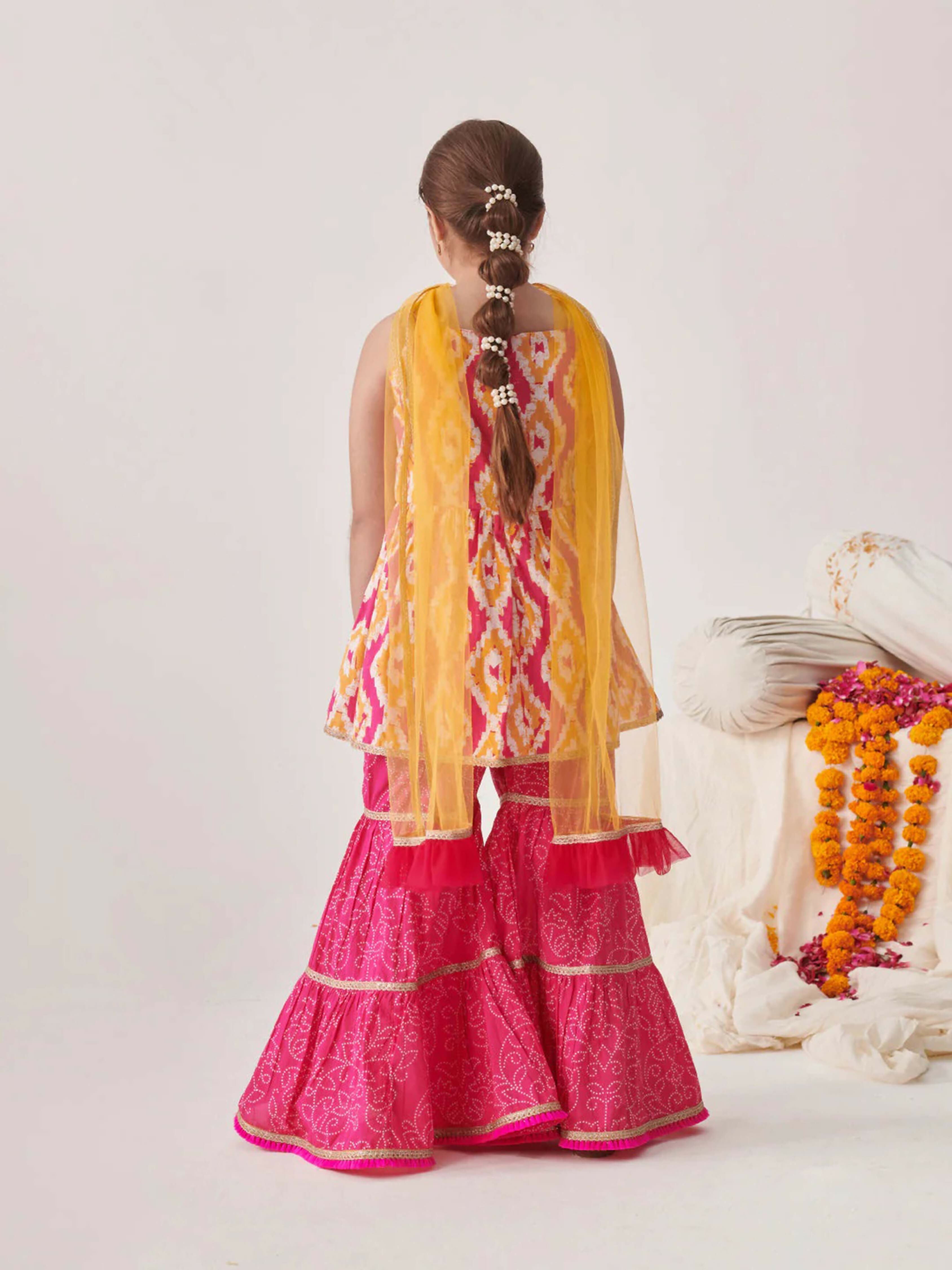 Joban Fashion Girl's Pink Yellow Color Sharara Set