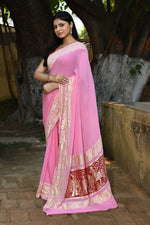 Thumbnail for Joban Fashion Baby Pink Crepe Chiffon Pure Handloom Banarasi Silk Saree