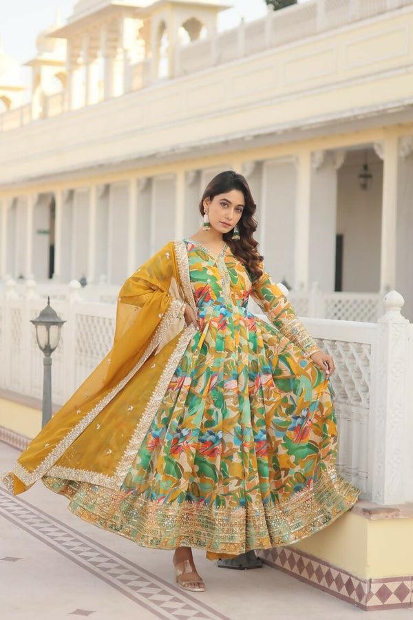 Jyoti Fashion Women's Green Russian Silk Sequins Zari Embroideredy Anarkali Dress with Dupatta - Distacart