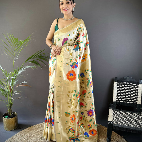 Joban Fashion Off-White  Zari Woven Floral Motifs Soft Silk Paithani Silk Saree - Distacart